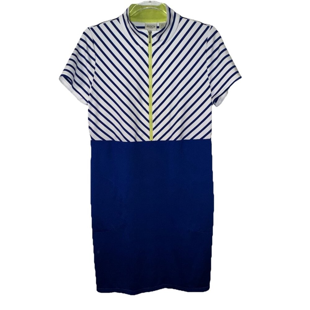 Chicos Zenergy Gold Dress Blue White striped Women’s 1 Lime 1/2 Zip Pockets